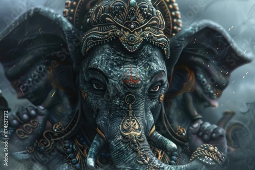 Close-up Portrait of a Detailed and Ornate Ganesha Statue