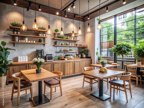 Serene Coffee Shop Interior Featuring Minimalist Wooden Tables and Warm Lighting for a Cozy Atmosphere