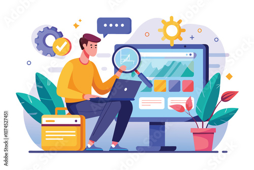 A man is focused on maintaining a website while working on his laptop in an office environment Woman checking website operating system for web maintenance.