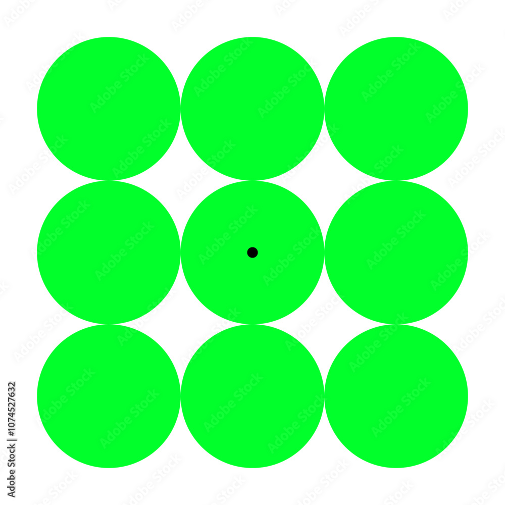 Green discs inducing a pink negative afterimage and optical illusion. Stare at the black dot for around 30 seconds. Look at a white wall or black screen. The discs appear in complementary color pink. Green discs inducing a pink negative afterimage and optical illusion. Stare at the black dot for around 30 seconds. Look at a white wall or black screen. The discs appear in complementary color pink.