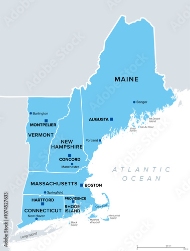 New England region of United States, political map with borders, capitals and most important cities. Comprising U.S. states Maine, Vermont, New Hampshire, Massachusetts, Rhode Island and Connecticut.