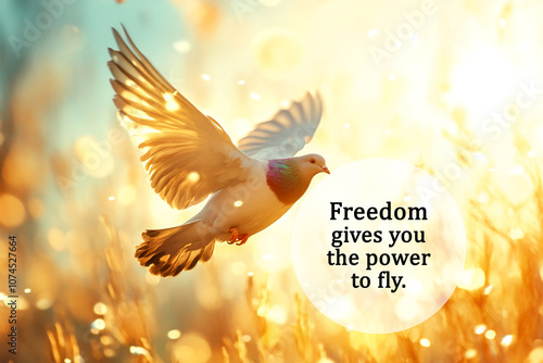 Life inspirational motivational quote - Freedom give you the power to fly. With white bird flying on warm sun light background. 