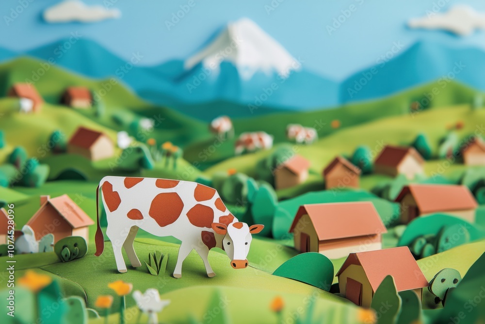 Paper art landscape with cow, houses, mountains, and greenery Paper art landscape with cow, houses, mountains, and greenery