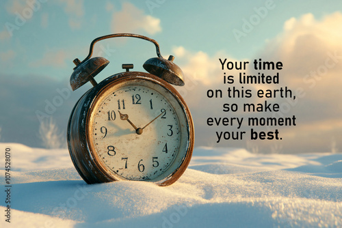 Inspirational motivational quote - Your time is limited on this earth, so make every moment your best. With an old alarm clock on snow with sunset sky clouds background. Life happiness concept.