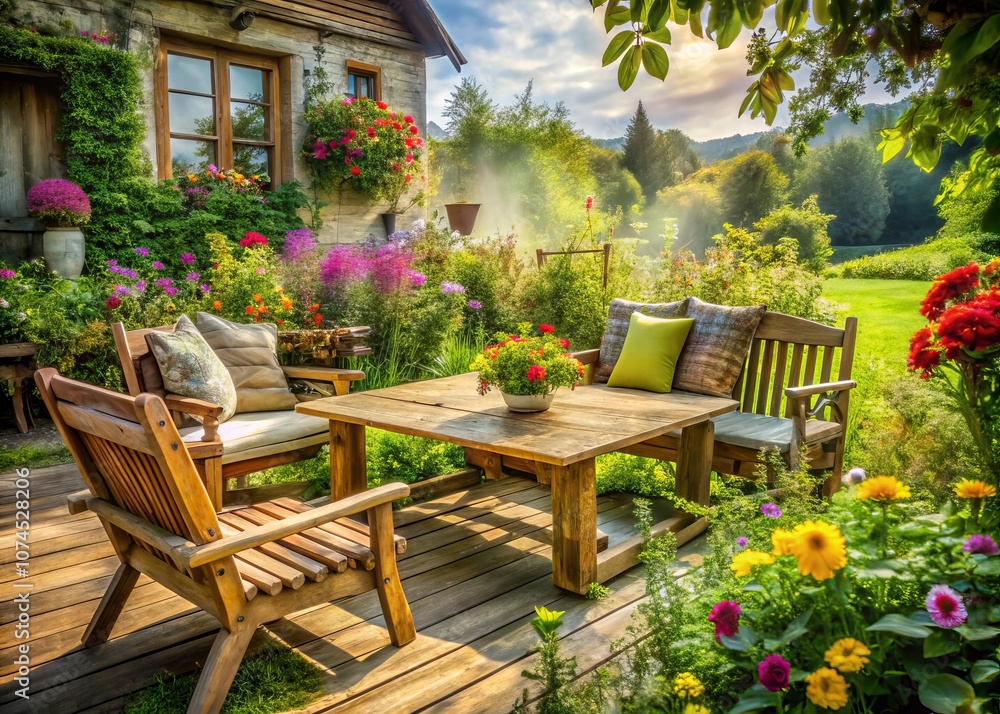 Charming Double Exposure Photography of Beautifully Decorated Wooden Garden Furniture in a Bavarian Farmhouse Garden Surrounded by Lush Greenery and Vibrant Flowers in Europe Charming Double Exposure Photography of Beautifully Decorated Wooden Garden Furniture in a Bavarian Farmhouse Garden Surrounded by Lush Greenery and Vibrant Flowers in Europe