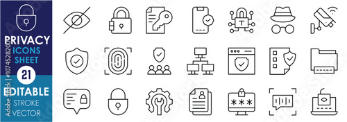 A set of line icons related to Privacy. Lock, fingerprint, document, security camera, VPN, safety, recognition, and so on. Vector editable stroke. photo