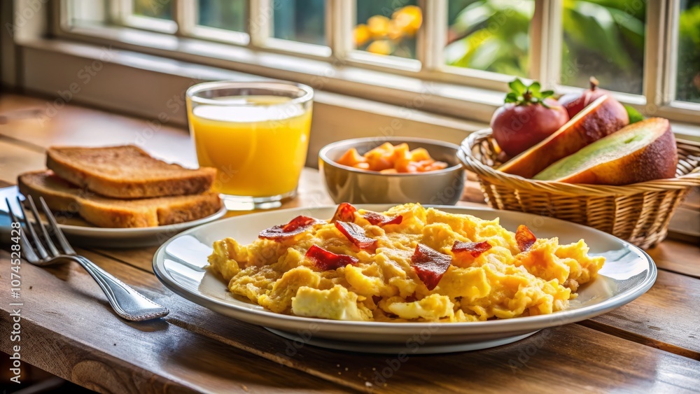 Classic American Breakfast Plate with Scrambled Eggs, Crispy Bacon, Toast, Hash Browns, and Fresh Orange Juice by a Sunny Window for a Perfect Morning Setting Classic American Breakfast Plate with Scrambled Eggs, Crispy Bacon, Toast, Hash Browns, and Fresh Orange Juice by a Sunny Window for a Perfect Morning Setting