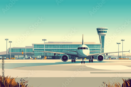 Airport background. Urban exterior airport scene. Aeroplane staying in the foreground. Modern building take off field. International domestic travel tourism concept. Cartoon style vector illustration