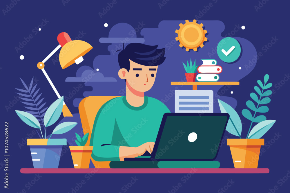 A man focuses on his laptop while surrounded by plants and a warm desk lamp in a home office setting Man working, flat illustration.