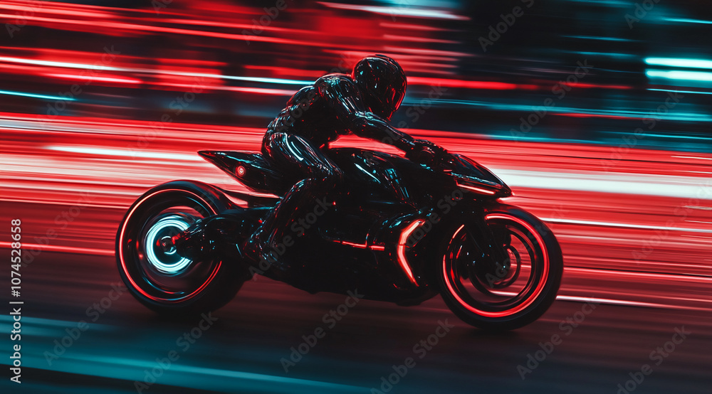 Fototapeta premium A motorcyclist speeds through the city at night, the bright red and blue lights creating a blur of motion
