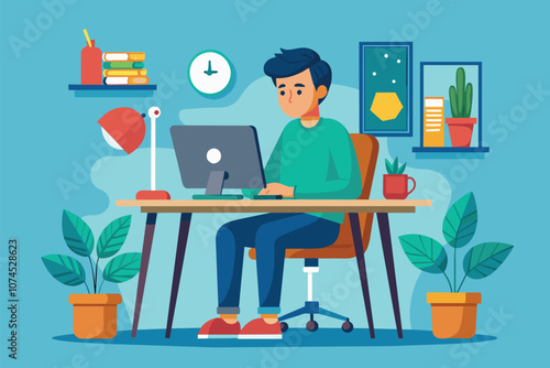 A focused man sits at his desk, using a computer in a well-decorated home workspace Man working at desk with computer, flat illustration.