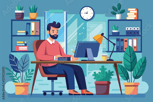 A man sits at a desk, engaged in work while surrounded by indoor plants and office supplies Man working in office, flat illustration