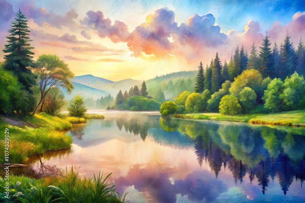 Serene Landscape with Watercolor Bow Effects Over a Tranquil Lake Surrounded by Lush Greenery, Capturing the Essence of Nature in Soft Pastel Hues and Gentle Reflections Serene Landscape with Watercolor Bow Effects Over a Tranquil Lake Surrounded by Lush Greenery, Capturing the Essence of Nature in Soft Pastel Hues and Gentle Reflections