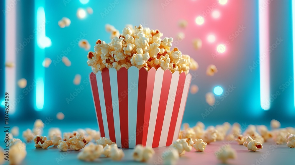 3D rendering of popcorn with cinema time theme 3D rendering of popcorn with cinema time theme