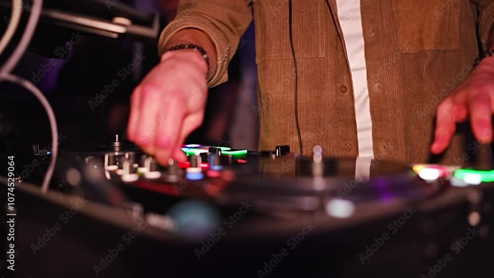DJ hands on music console while working at a party. DJ hands on music console while working at a party.