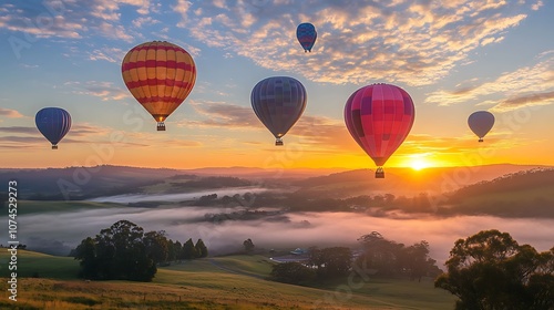 Colorful hot air balloons flying over the countryside at sunrise.  photo