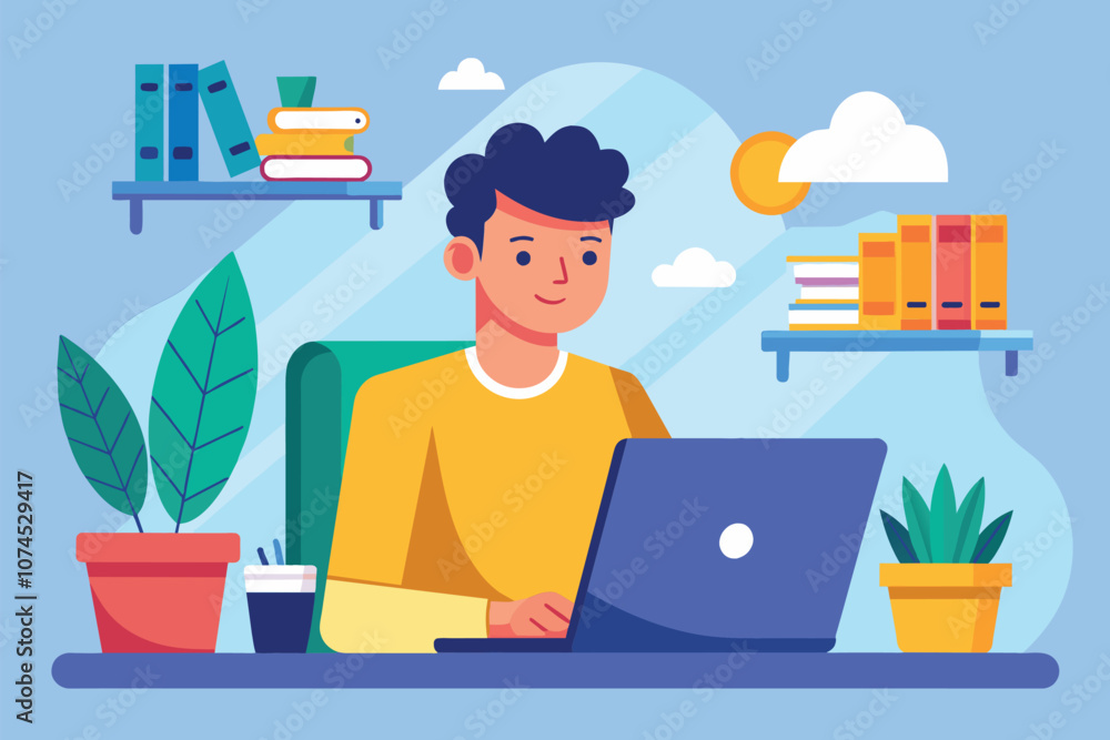 A man sits at a desk working intently on his laptop in a sunny workspace filled with plants and books Man working on laptop, flat illustration. A man sits at a desk working intently on his laptop in a sunny workspace filled with plants and books Man working on laptop, flat illustration.