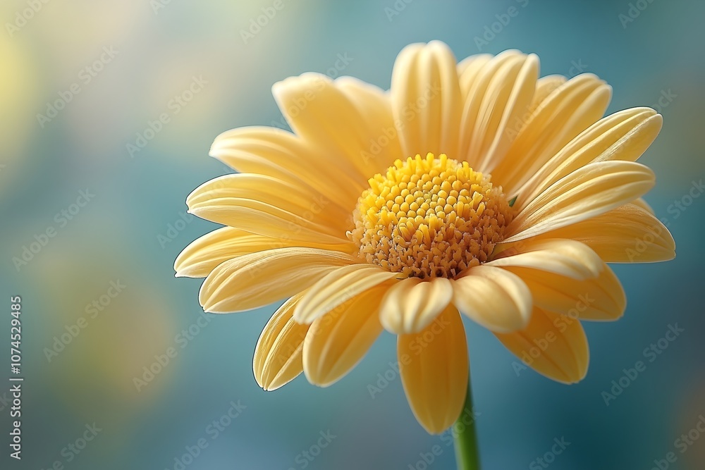 a minimalistic macro shot of a single daisy bloom in sharp focus with a blurred pastel green and yellow background. flower background a minimalistic macro shot of a single daisy bloom in sharp focus with a blurred pastel green and yellow background. flower background