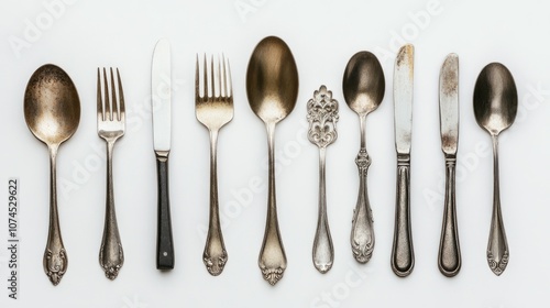 A set of silverware arranged neatly on a white surface, suitable for use in food photography or still life compositions