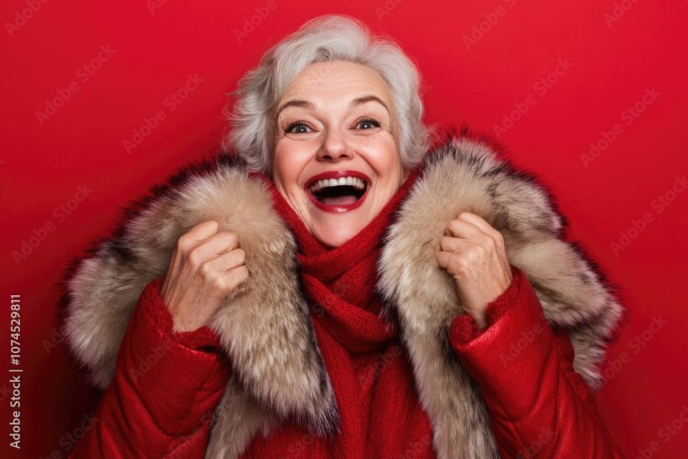 A woman wears a warm red coat with a fur collar, perfect for winter scenes or fashion illustrations A woman wears a warm red coat with a fur collar, perfect for winter scenes or fashion illustrations