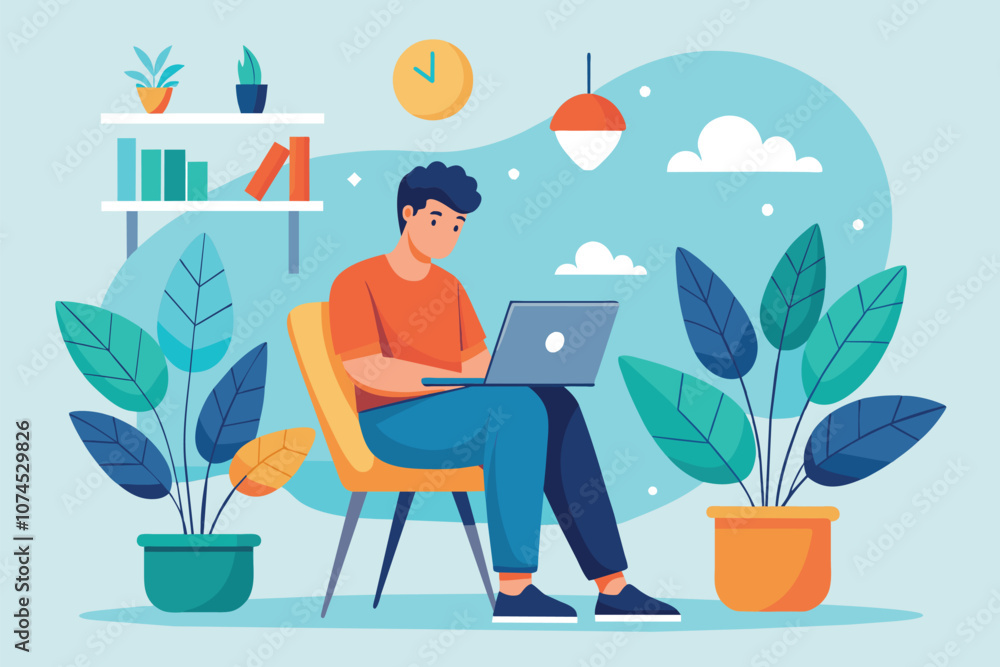 Fototapeta premium A young man focuses on his laptop while seated in a chair amid greenery and a serene work environment Man working on laptop, sitting on chair, flat illustration.