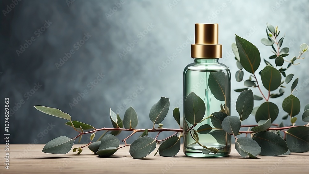 Cosmetic oil bottle with branches of eucalyptus- Cosmetic oil bottle with branches of eucalyptus-