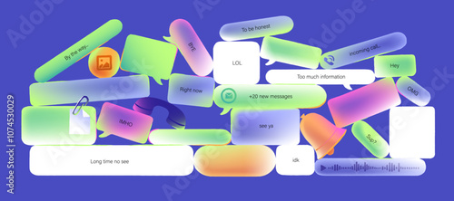 Concept composition of online communication, conversation. Speech bubbles with different shape with phrases of youth slang. Chat messages with text in glassmorphism style. Flat vector illustration