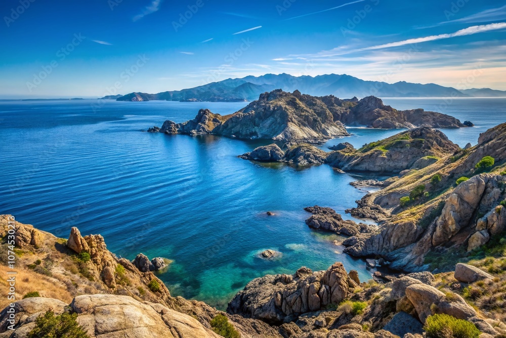 Serene Minimalist Landscape of Cap de Creus Rocks Overlooking the Sparkling Sea and the Majestic Pyrenees Mountains in a Tranquil Setting Serene Minimalist Landscape of Cap de Creus Rocks Overlooking the Sparkling Sea and the Majestic Pyrenees Mountains in a Tranquil Setting