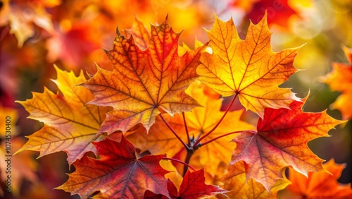 Closeup of Vibrant Autumn Maple Leaves in Shades of Orange, Red, and Yellow, Capturing the Essence of Fall Colors in Nature's Palette for Seasonal Decor and Inspiration