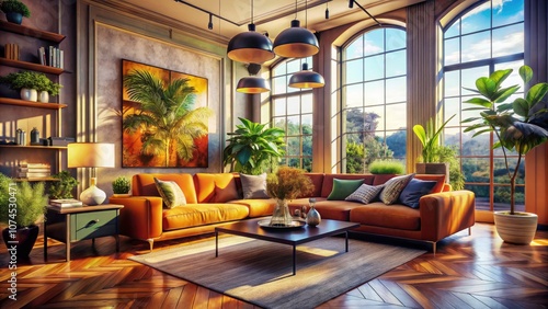 Stunning Modern Italian Living Room: Bright Colors, Natural Light, and Rationalized Space in Low Light Photography photo