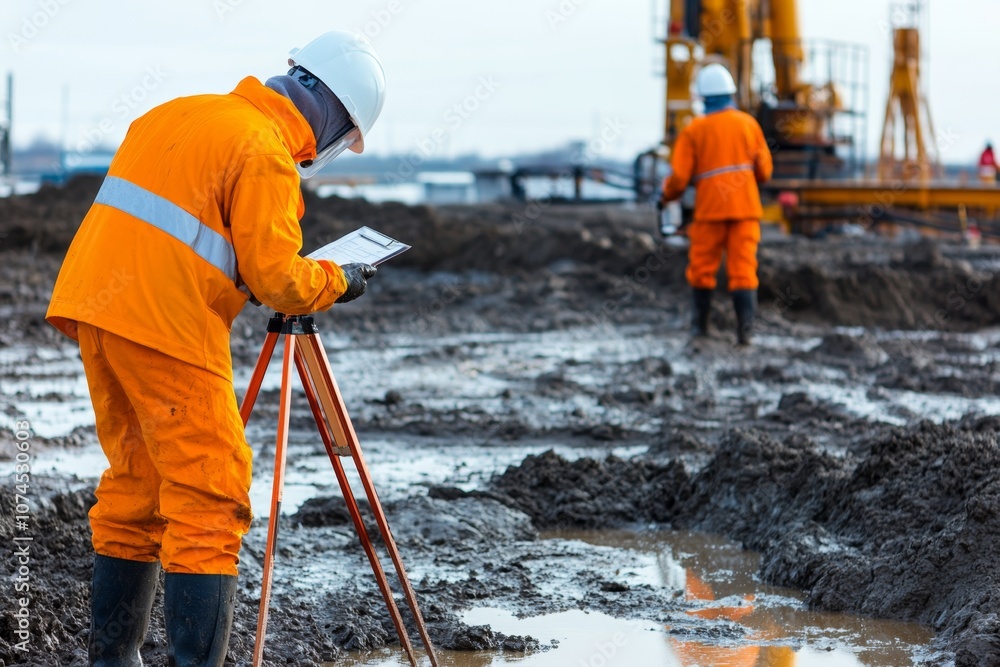 Two construction workers in bright safety gear taking measurements at an oil field Two construction workers in bright safety gear taking measurements at an oil field