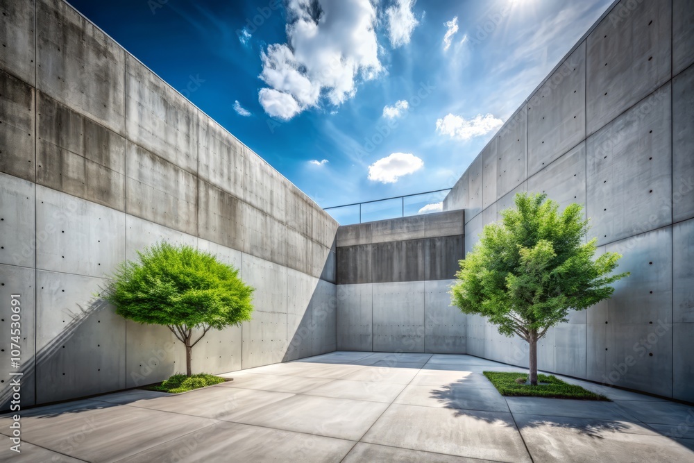 Obraz premium Conceptual Photography of a Stark Outdoor Area Dominated by Gray Concrete Walls, Highlighting the Contrast Between Urban Design and Natural Elements in a Minimalist Composition