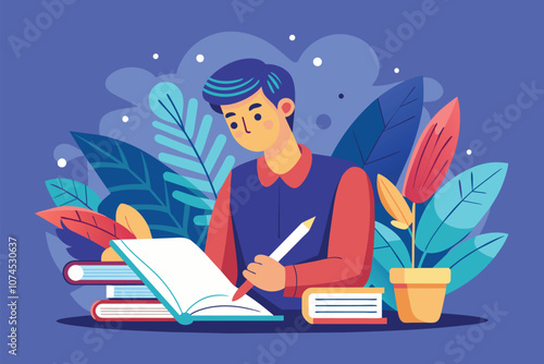 A young man focuses on writing in a book while seated amidst vibrant greenery in a relaxed atmosphere Man writing in book, flat illustration