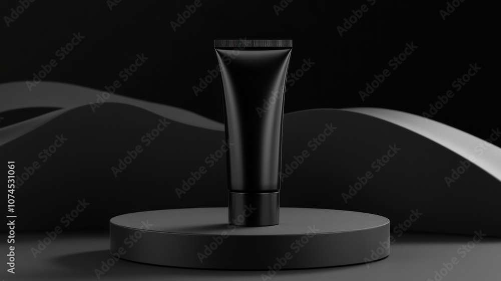 Showcase innovative black cosmetic tube on minimalist platform Showcase innovative black cosmetic tube on minimalist platform