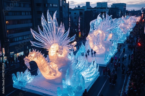 Illuminated ice sculptures of dragons in a city street. photo