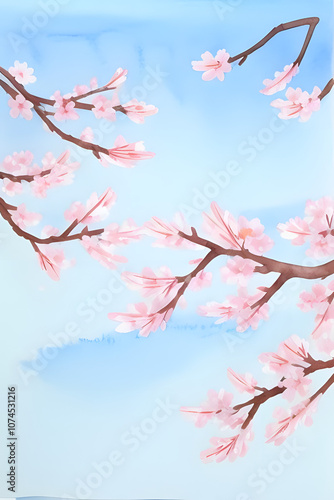 water color painting of Horizontal banner with sakura flowers of pink color on blue sky backdrop. Beautiful nature spring background with a branch of blooming sakura. Sakura blossoming season in Japan