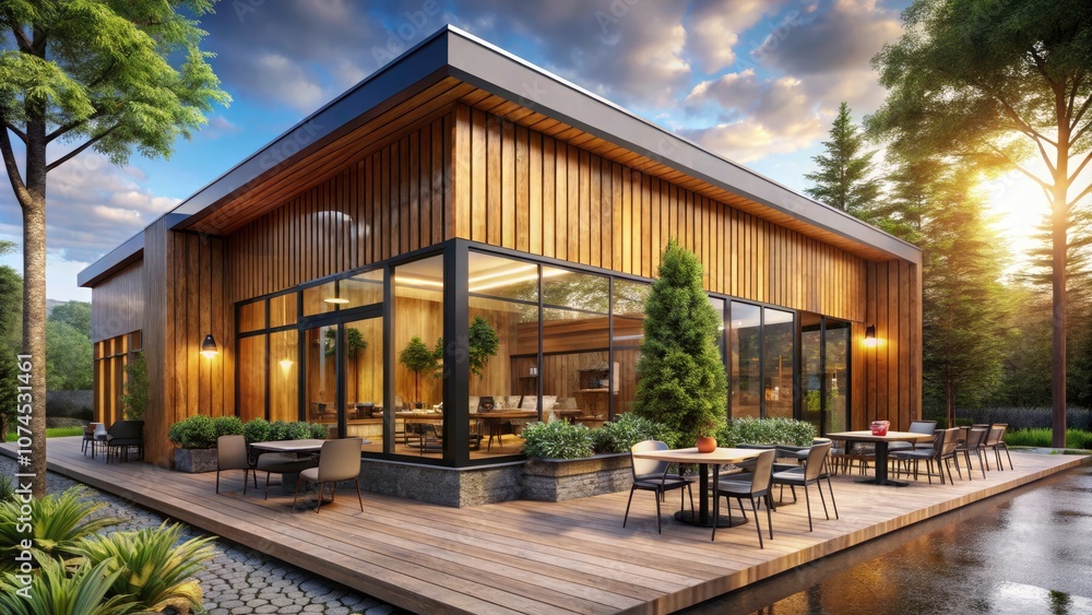 Fototapeta premium Stylish Wooden Coffee Shop Exterior with Natural Elements and Modern Design for Cozy Atmospheres in Minimalist Photography