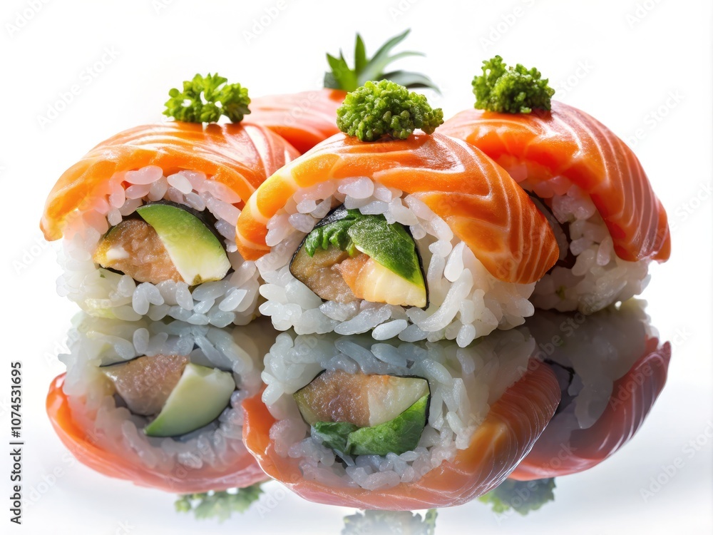 Delicious Salmon Sushi on Rice Isolated on Background for Culinary and Food Photography Needs Delicious Salmon Sushi on Rice Isolated on Background for Culinary and Food Photography Needs