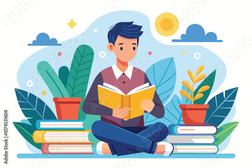 A young man sits on the floor, absorbed in a book among plants and books, managing his study time well Manage study time effectively by reading a book with flat illustrations.