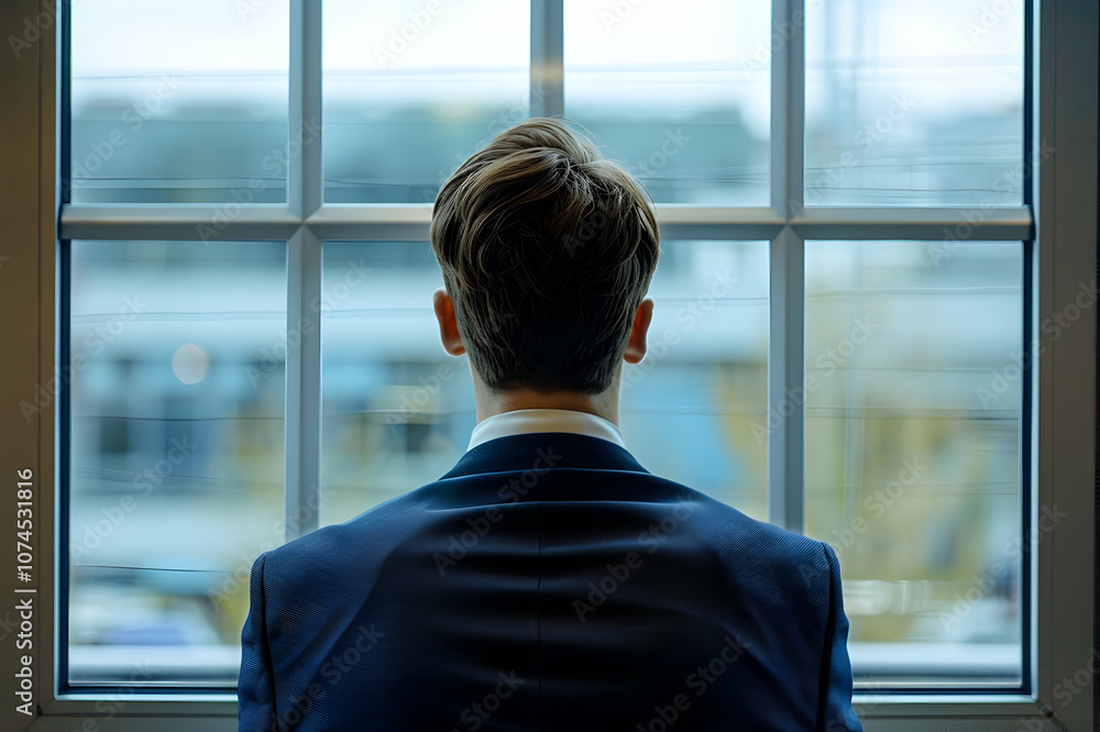 back view of businessman in suit looking through window back view of businessman in suit looking through window