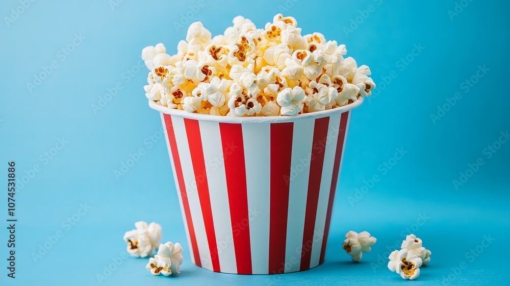 Bucket of delicious popcorn set against a blue background Bucket of delicious popcorn set against a blue background