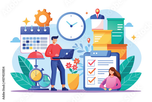 A person works on a laptop while reviewing a task checklist and time management tools around them Manage your deadlines and tasks efficiently with this flat illustration.