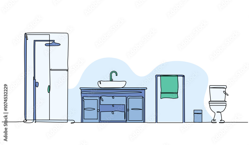 Fototapeta premium Vector illustration of bathroom interior. Modern flat in continuous line style.