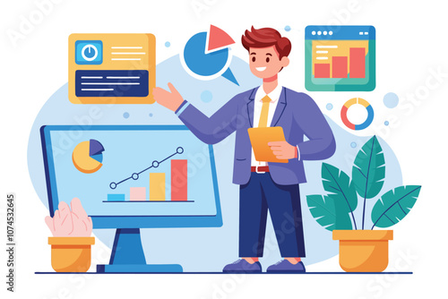 A manager uses a computer monitor to explain business analysis, showcasing charts and graphs Manager explaining business analysis on screen, illustrated in a flat style.