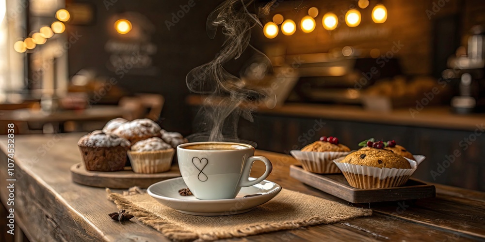 Tilt-Shift Photography of a Charming Coffee Cup Surrounded by Cozy Café Ambience, Warm Lighting, and Delicious Pastries for Inviting Coffee Lovers and Aesthetic Enthusiasts Tilt-Shift Photography of a Charming Coffee Cup Surrounded by Cozy Café Ambience, Warm Lighting, and Delicious Pastries for Inviting Coffee Lovers and Aesthetic Enthusiasts