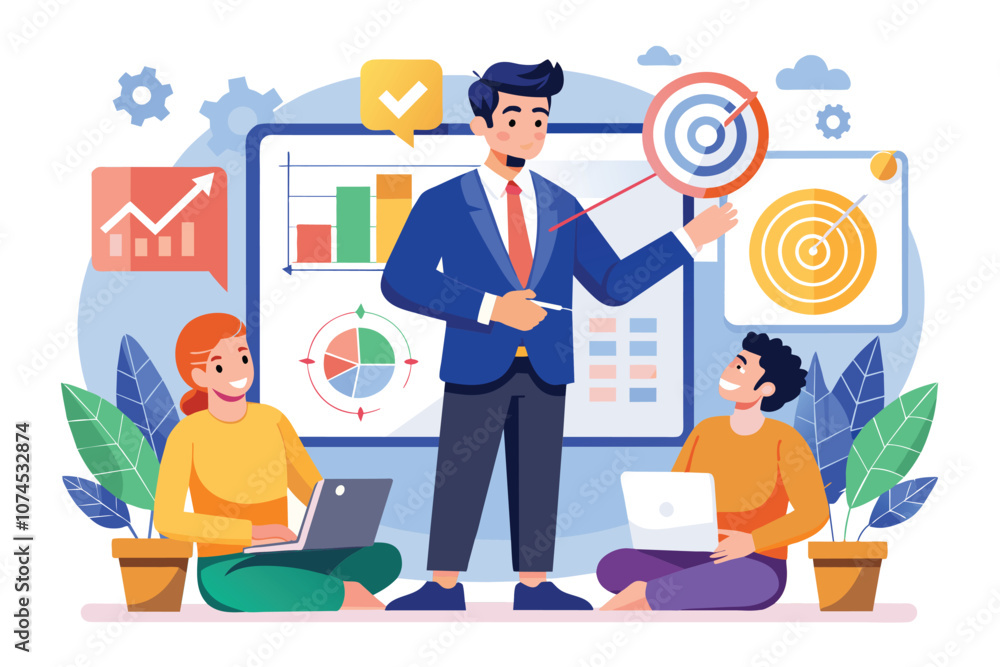 A manager explains key business objectives while team members engage with laptops, showcasing teamwork Manager explains the business goal using a flat illustration. A manager explains key business objectives while team members engage with laptops, showcasing teamwork Manager explains the business goal using a flat illustration.