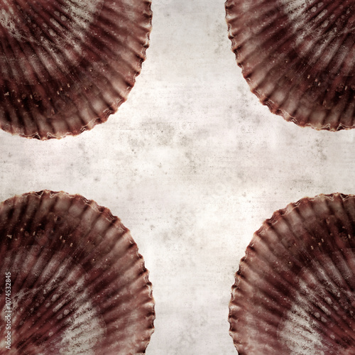 textured stylish old paper background, square with shell of Talochlamys pusio, fan clam photo