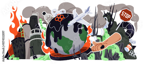 Concept of global warming and pollution of environment. Danger of greenhouse effect, melting ice, change of climate for planet Earth. Globe catastrophe. Flat isolated vector illustration on white