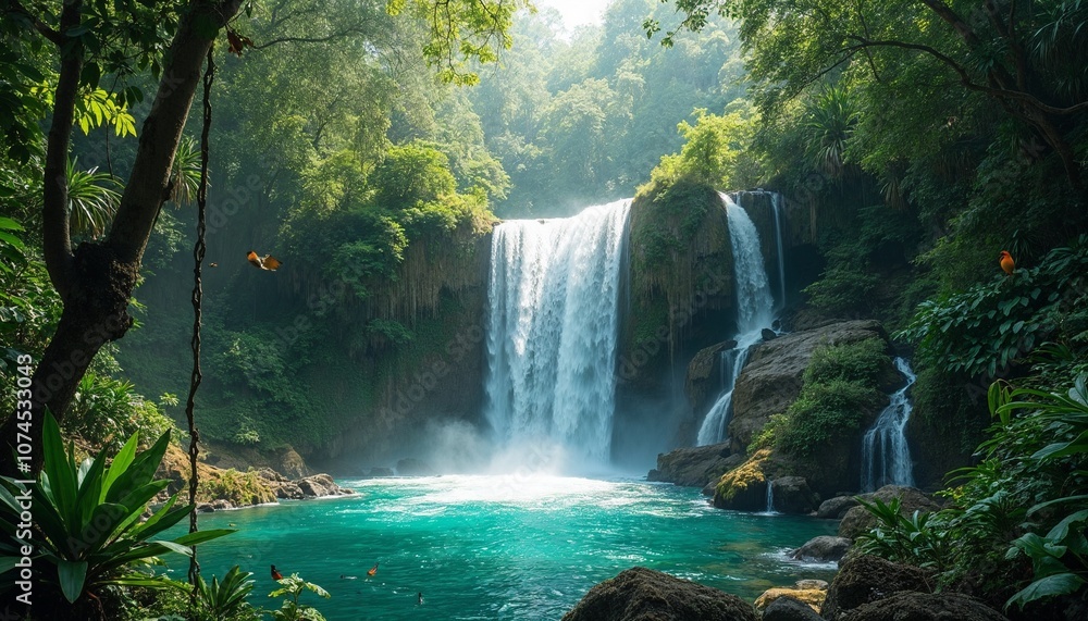 Fototapeta premium Lush jungle waterfall cascading into turquoise pool
