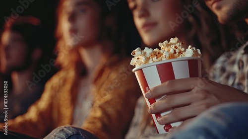 Closeup shot focused on hands of young people eating popcorn in a movie theater